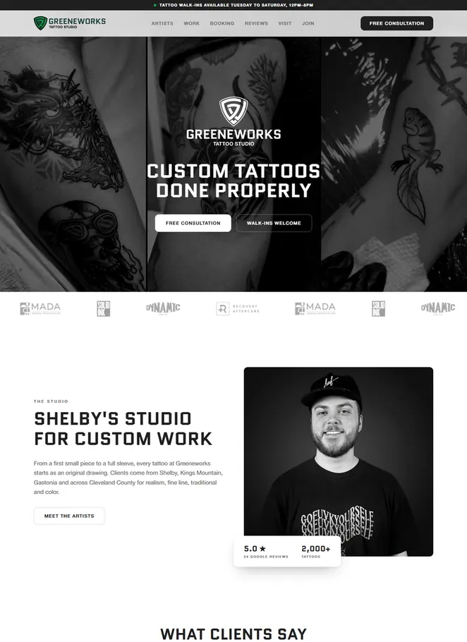 Greeneworks Tattoo studio website, Shelby, NC