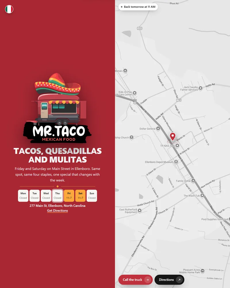 Mr. Taco food truck website, live at mrtacoellenboro.com, built by Studio O'Brien