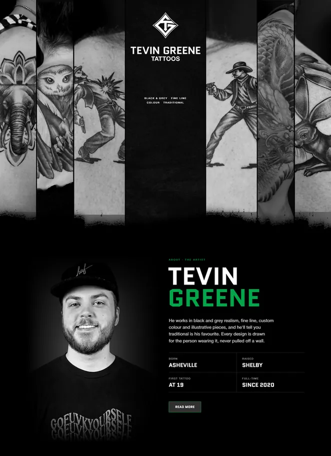Tevin Greene Tattoos website by Studio O'Brien